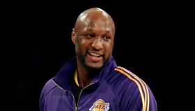 Lakers Lamar Odom is jovial during the shoot around before the start of the game against the Philad