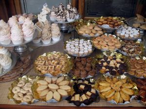 Sweet baked items for sale in the window of a bakery in Barcelona, Spain