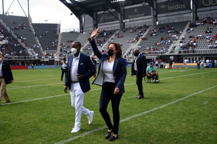 US Vice President Kamala Harris with Howard University President Wayne A. I. Frederick