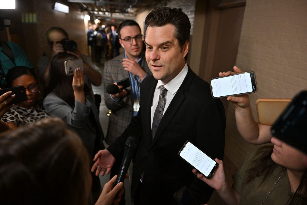 WASHINGTON, DC - APRIL 10: Rep. Matt Gaetz (R-Fla.) talks to th