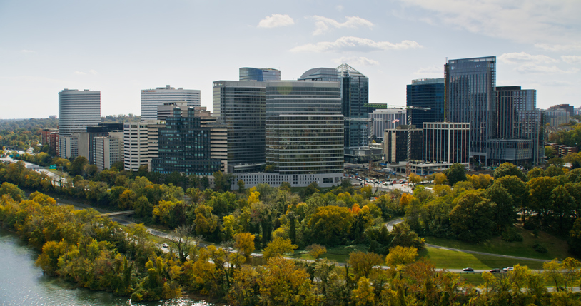 Aerial View of Downtown Skyscrapers in Arlington, VA in Fall
