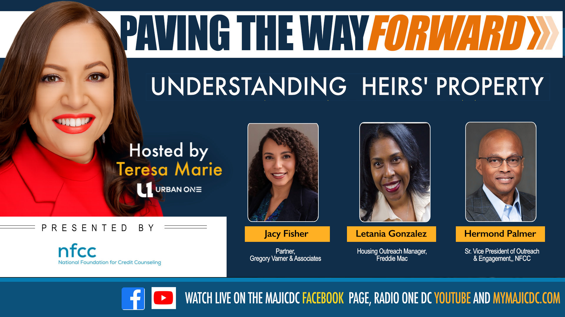 A woman with red hair and a bright smile, surrounded by three other smiling individuals, with text promoting an event titled "Paving the Way Forward: Understanding Heirs' Property" hosted by Teresa Marie of Urban One.