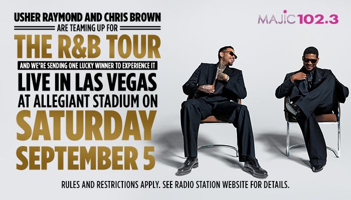 Usher Raymond and Chris Brown seated in chairs, promoting "The R&B Tour" live in Las Vegas at Allegiant Stadium on Saturday, September 5.