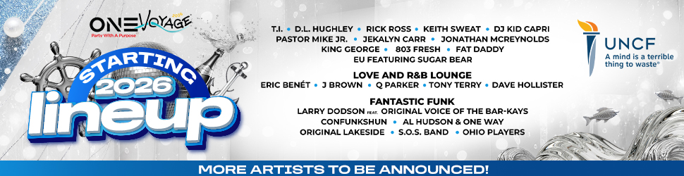 One Voyage music festival poster featuring lineup of artists including T.I., D.L. Hughley, Rick Ross, Keith Sweat, and DJ Kid Capri starting in 2026.