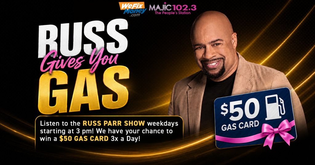 A smiling bald man holding a $50 gas card. Text reads "Russ Gives You GAS" and promotes the Russ Parr Show weekdays at 3pm on MAJIC 102.3.
