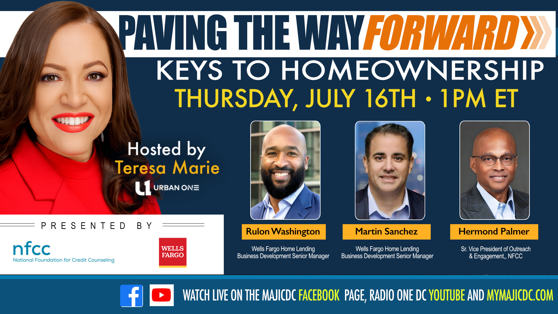A woman with red hair and a red jacket smiling, with text "PAVING THE WAY FORWARD" and "KEYS TO HOMEOWNERSHIP" and images of three men in suits.