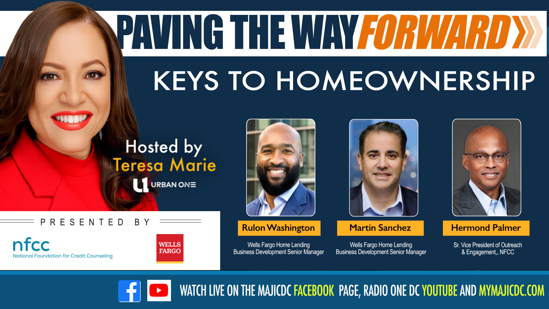 A woman with red hair and a red jacket smiling, surrounded by three men in business attire. Text reads "Paving the Way Forward: Keys to Homeownership" and lists the event hosts and presenters.
