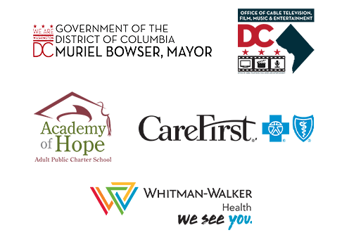 Logos and text for the Government of the District of Columbia, Academy of Hope public charter school, CareFirst, and Whitman-Walker Health.