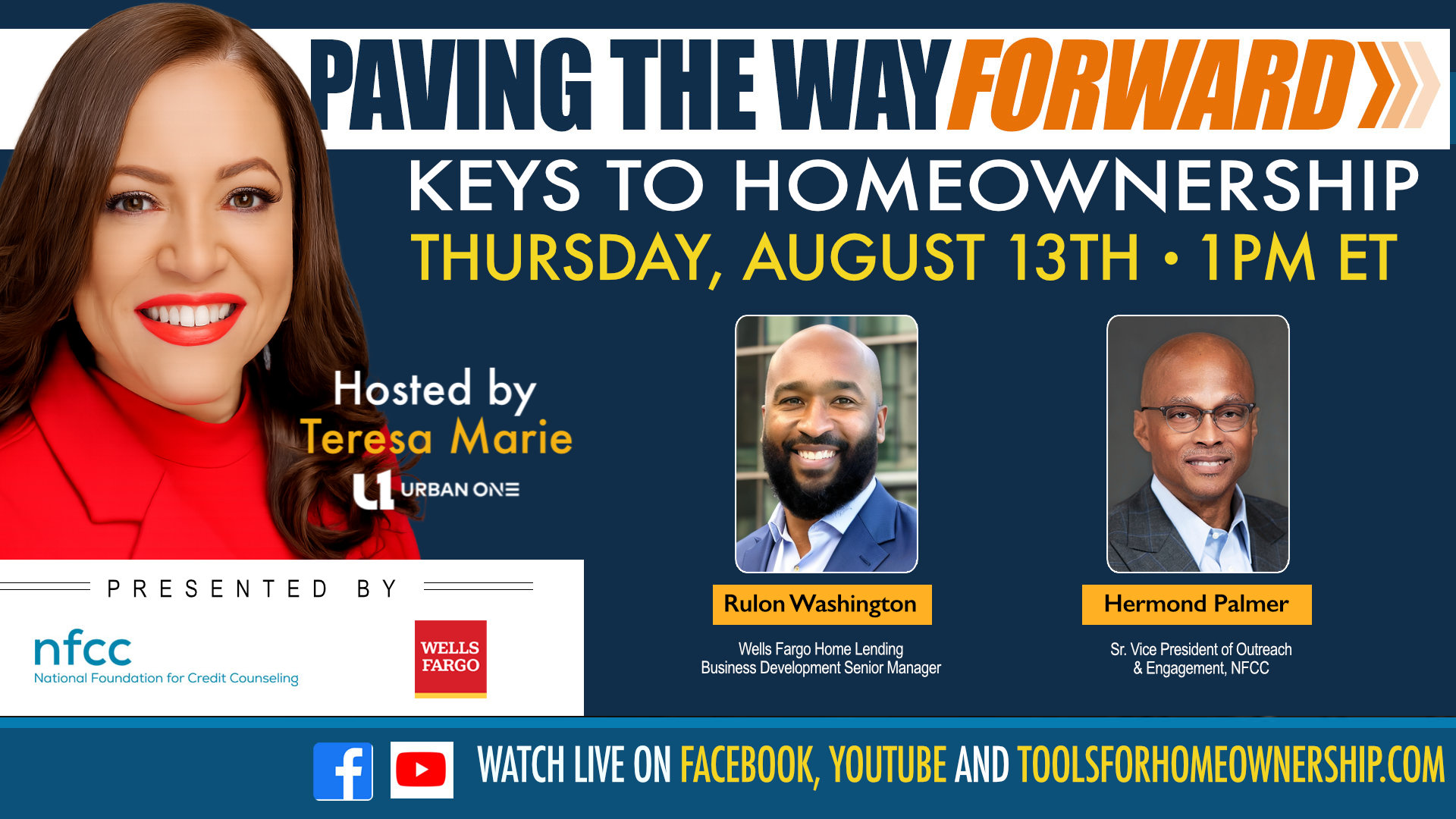 A woman with red hair and a red jacket smiling, with text "PAVING THE WAY FORWARD" and "KEYS TO HOMEOWNERSHIP" along with images of two men, one bald and one with glasses.