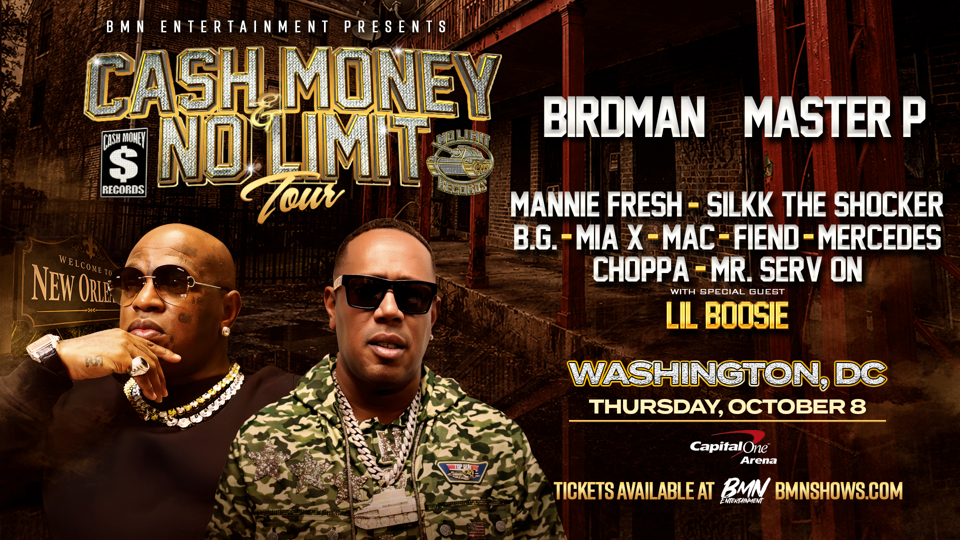 Cash Money No Limit Tour poster featuring Birdman, Master P, and other artists performing in Washington, DC on October 8.