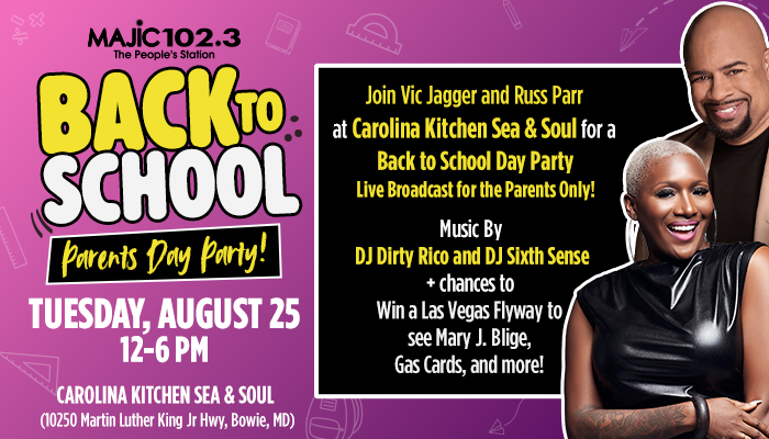 Back to School Parents Day Party event poster featuring Vic Jagger, Russ Parr, DJ Dirty Rico, and DJ Sixth Sense, with details on a chance to win a Las Vegas flyway trip.